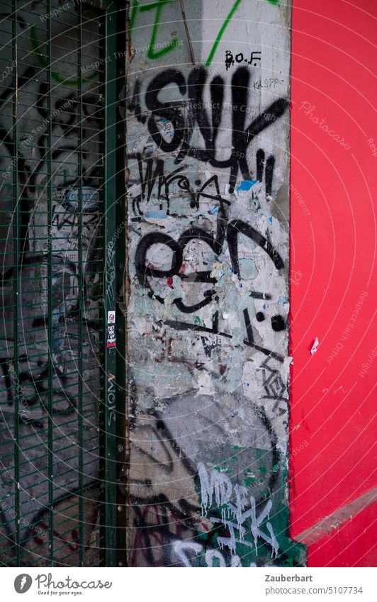 Grille door, concrete wall with graffiti and red wall, stripes Grating Concrete Graffiti Red Wall (building) Stripe illustration background Graphic Line