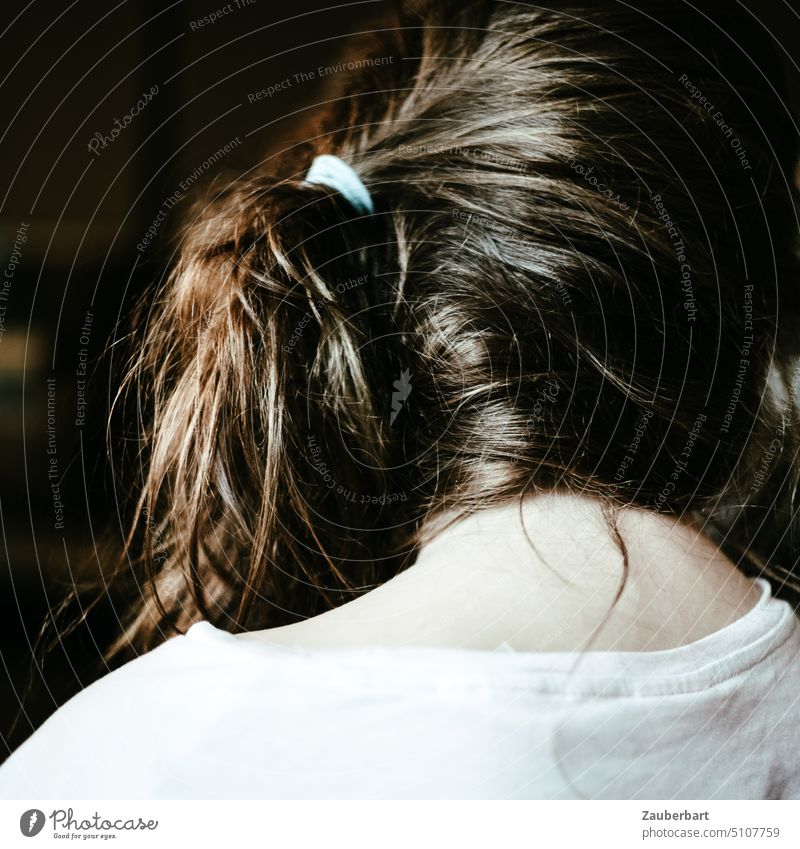 Girl with ponytail and white t-shirt Ponytail T-shirt White Behind Nape youthful Mysterious Glittering Looking away Rear view Human being Head