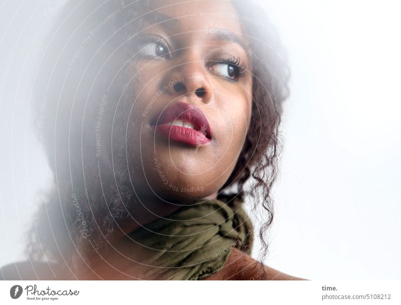 Woman with cloth portrait feminine Feminine hairstyle View to the side Rag Smoke Fog Face Skeptical