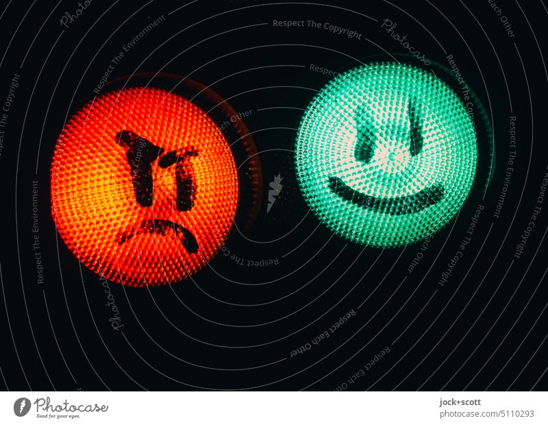 bad mood meets good mood at bicycle traffic light Bicycle traffic light Traffic light Road sign Smiley Symbols and metaphors Street art Creativity Good mood