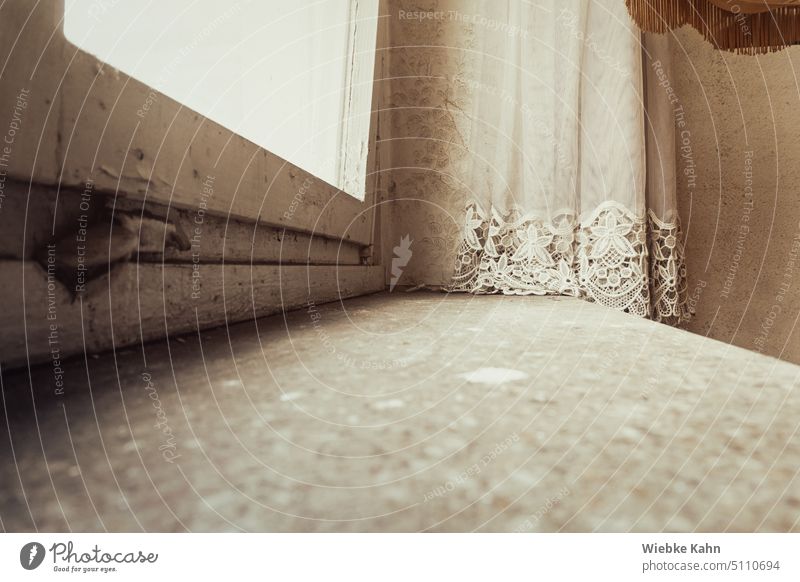 Window sill in a condemned house. With a view of a curtain blind and fringe of a lamp. Window pane Window board Curtain Lampshade Building for demolition