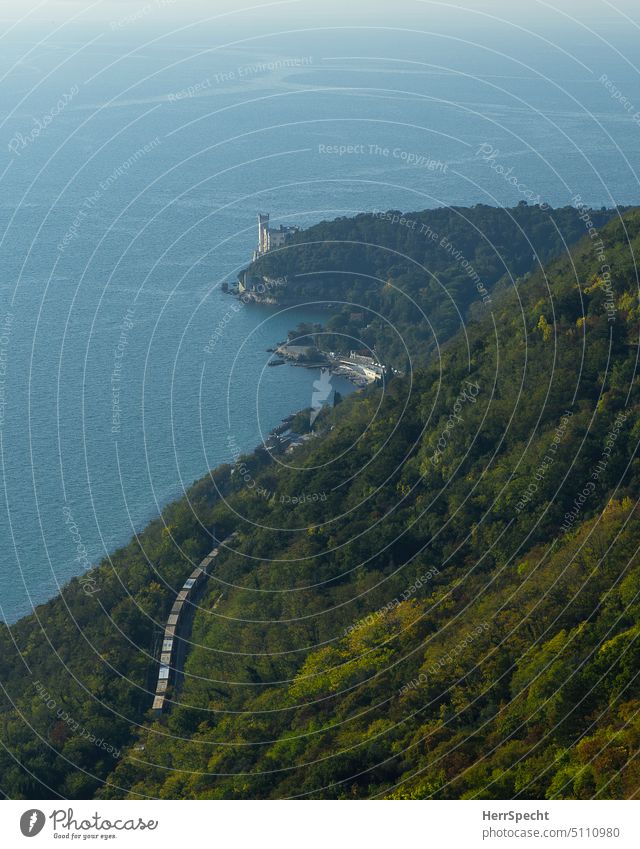 Miramare Castle in the Gulf of Trieste, Italy Adriatic Sea Adriatic coast Friuli Lock railway line coastline view from above Panorama (View) Colour photo