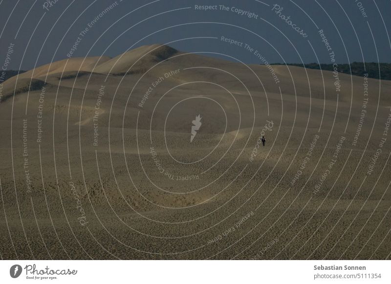 Lone silhouette of man walking on huge sand formation Dune du Pilat illuminated by the moonlight in the night, Arcachon, Nouvelle-Aquitaine, France dune