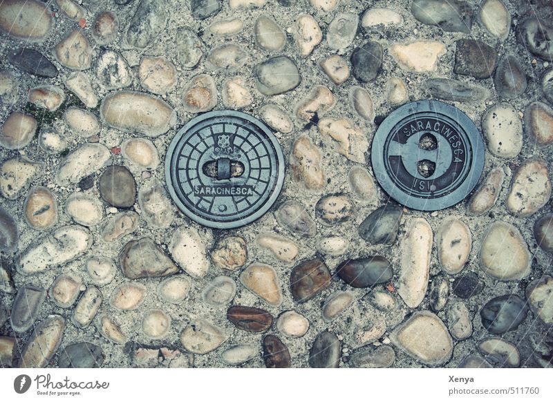 View down Floor covering Pavement Sidewalk Stone Retro Town Gray Round Stony Gully Subdued colour Exterior shot Deserted Day