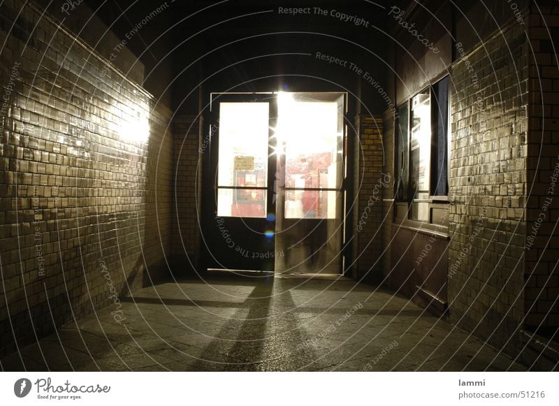 Door to the light Hallway Long Dark Entrance Tunnel Loneliness Closed Light Surprise Hope Interior shot Long exposure Movement Open Bright Empty