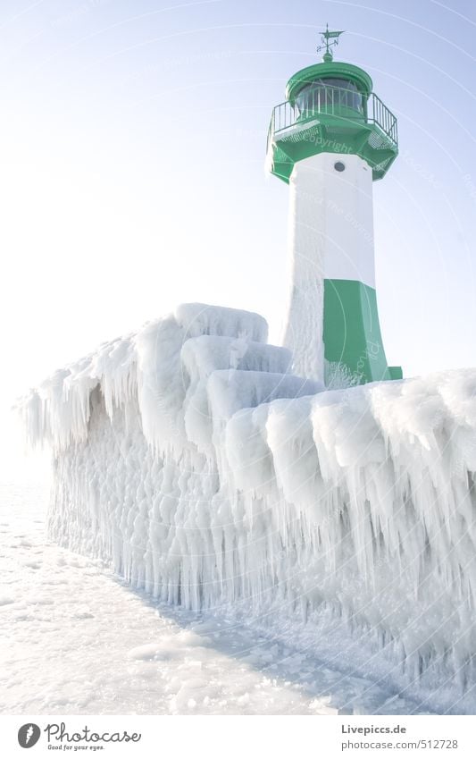 Lighthouse Port City Harbour Blue Gray Green White ice winter Harbour entrance Ice Colour photo Deserted Day Back-light