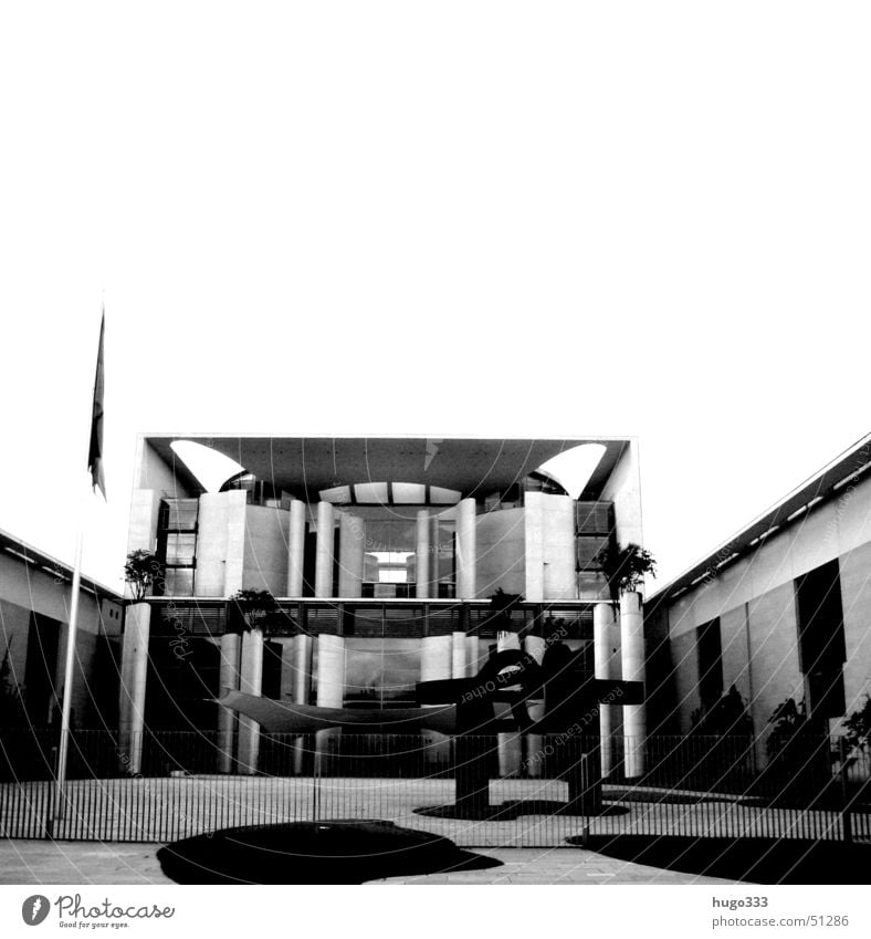 a new tenant Federal Chancellery Sculpture Calm Fence Empty Seat of government Grass Germany Politics and state Federal Chancellor Black & white photo Berlin