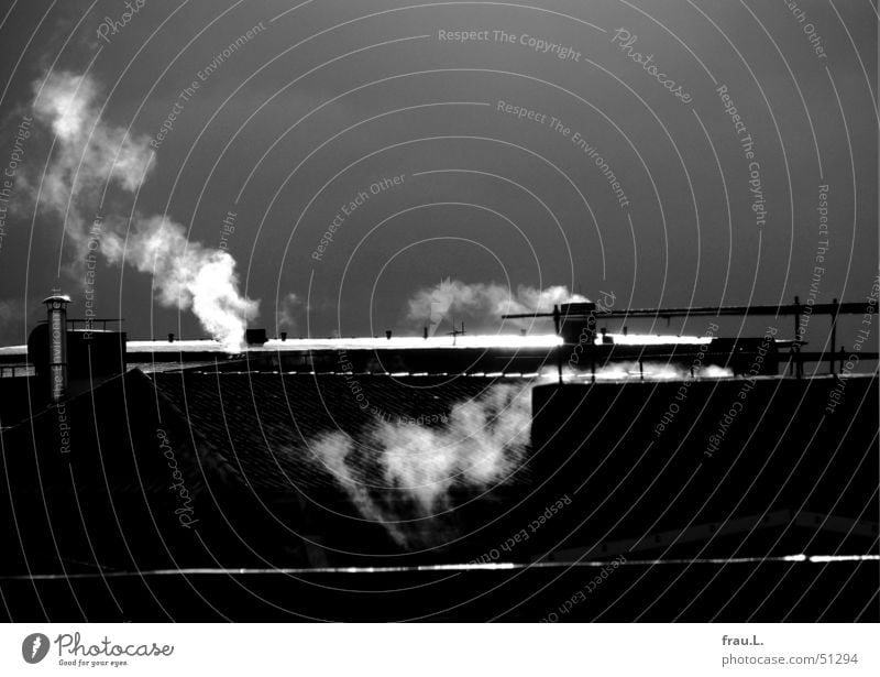 heating in black-white Heat Smoke Roof Skylight Sunlight Back-light Raincloud Winter Cold Freeze Physics Hamburg Steam Chimney Heater Warmth gas heating