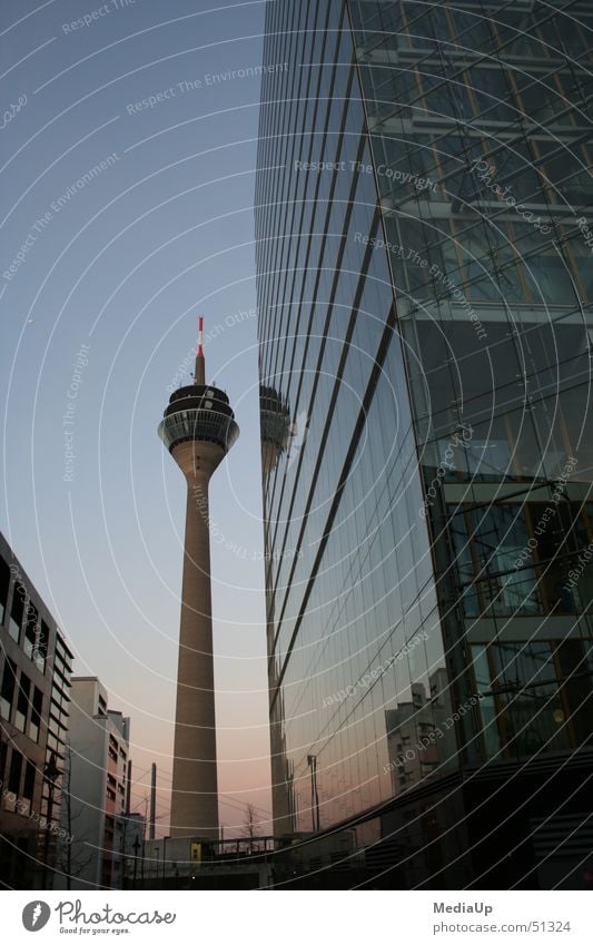 Television Tower - Rhine Tower Düsseldorf Rheinturm Twilight High-rise Facade Building Duesseldorf Work and employment bilk underbilk Glass Business