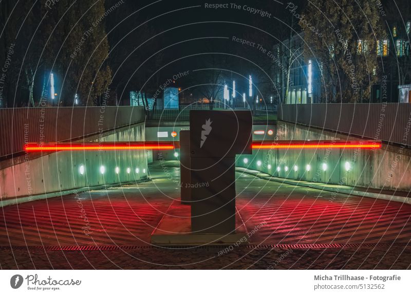 Entrance to the underground car park at night Underground garage Parking garage Barriers Highway ramp (entrance) Highway ramp (exit) Garage Night Illuminate