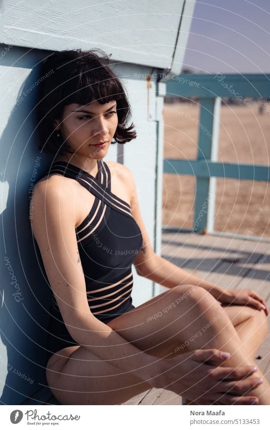 seaside on the beach Beach Human being Model black hair Bangs fringe Bikini bathing suit Los Angeles venice beach skin Swimsuit short hair Curve Ocean Sun