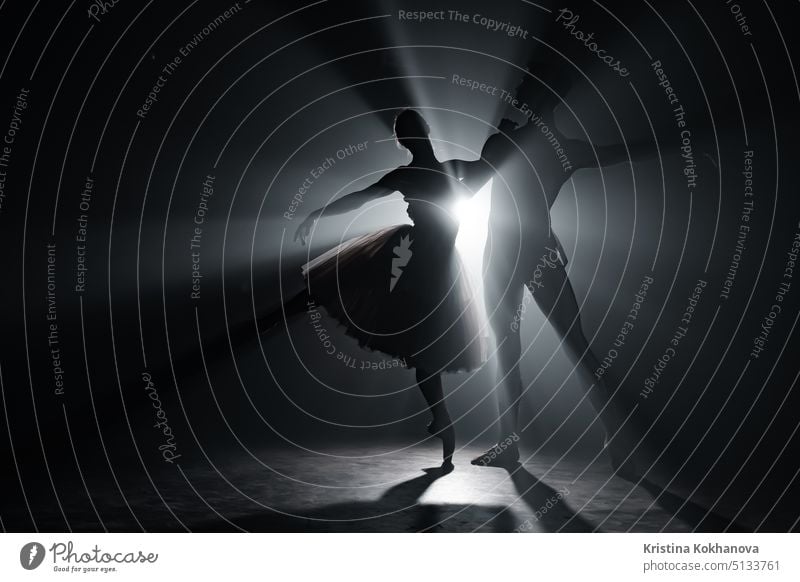 Graceful ballerina and her male partner dancing elements of classical or modern ballet in dark with floodlight backlight. Couple in smoke on black background. Art concept.