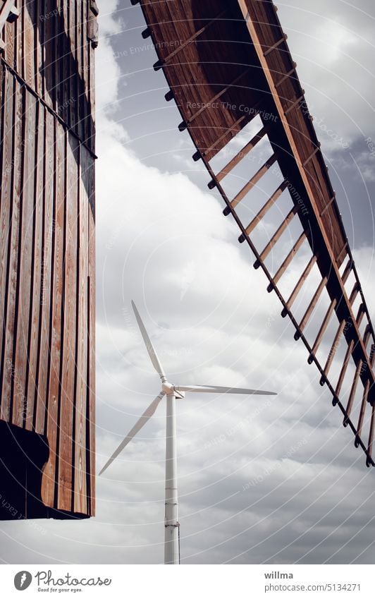 The wheel of time, it turns - use of wind energy, past and present Pinwheel Windmill wooden nostalgically Windmill vane wind power Energy Renewable energy