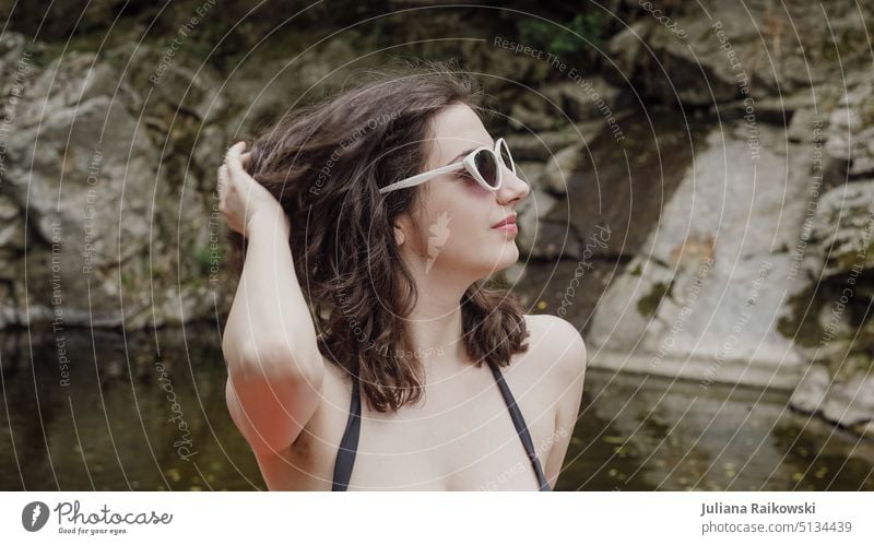 young woman on lake with sunglasses in summer Body of water Brunette Calm Lifestyle Esthetic Ease Wellness 1 naturally Feminine Environment 18 - 30 years pretty