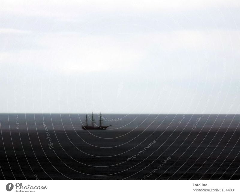 Gray in gray and blurred as in a dream, the ghost ship glides along off Helgoland. Water Ocean Sky Horizon North Sea blurriness hazy Black Black & white photo