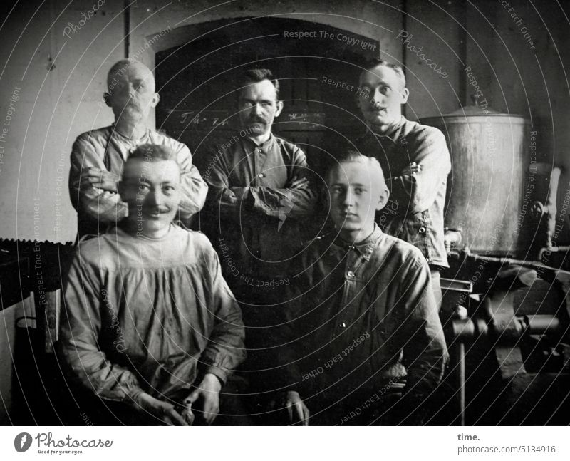 The from the workbench men portrait Historic at the same time Trust Stand Looking into the camera types Sit Workroom colleagues Working man Boiler machine room