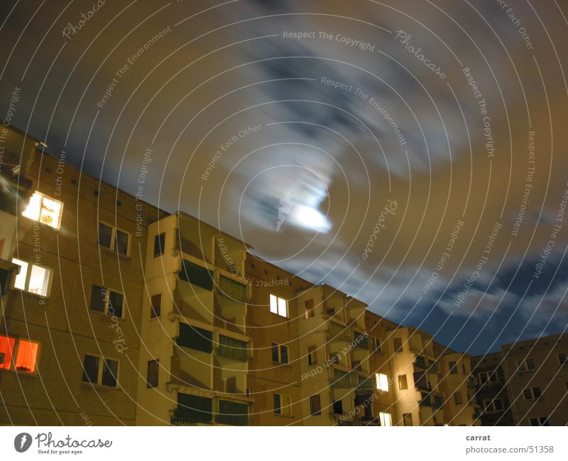 Moon in the Ghetto Prefab construction East Rostock Clouds Long exposure Romance Creepy