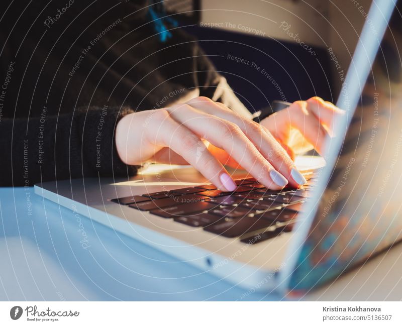 Young business woman working on laptop. Focus on hands typing on keyboard. Sunrise or sunset light leaks communication computer device female finger girl