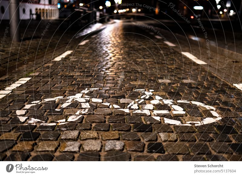 Bicycle path in a city on a wet road by the harbor. Cycling Cycle path Street Transport Road traffic Traffic infrastructure Mobility Means of transport