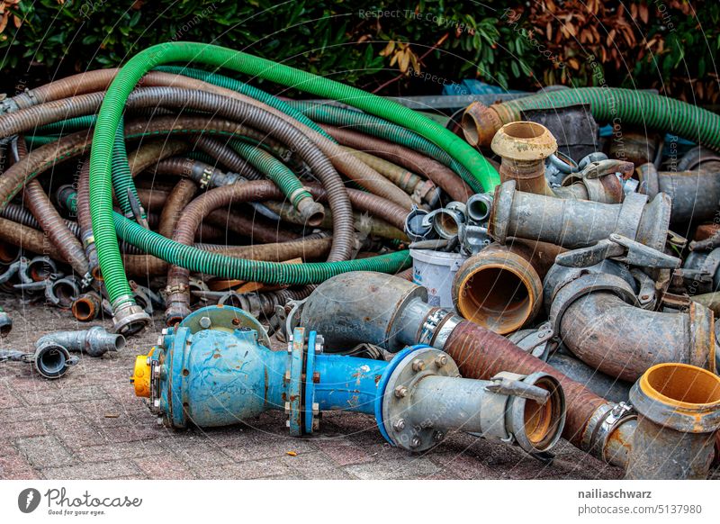 construction site Craftsperson Construction site Industry Technology Dirty Old Plastic Metal Pipe Conduit Simple Broken Blue Multicoloured Green Colour photo