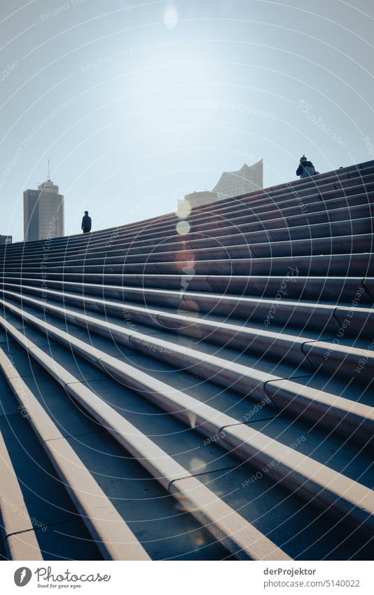 Morning sun with staircase and Elbphilharmonie in background Deep depth of field Copy Space middle Contrast Copy Space bottom Copy Space top Light Day