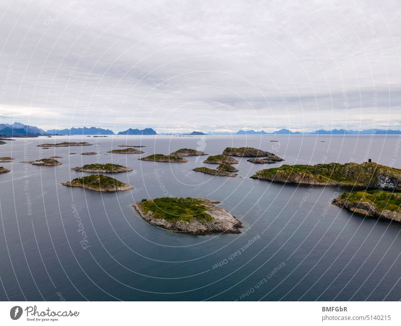 Aerial view over archipelago around Henningsvaer Lofoten Norway Henningsvær Island Landscape Bird's-eye view Exterior shot Lofotes Environment Adventure