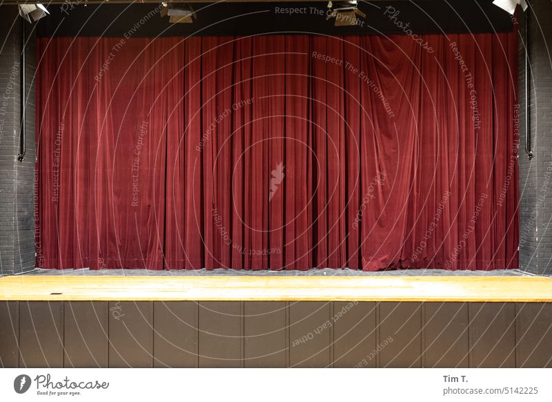 Closed curtain Drape Red Stage Berlin Theatre Colour photo Interior shot Artificial light Light Event Culture Concert Velvet Copy Space bottom Deserted