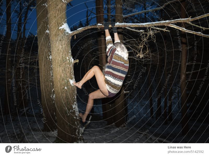 It’s a cold winter night in the woods. A gorgeous blonde girl with only a sweater on is climbing a tree for some reason. Barefoot and barely dressed she is the main star of these woods.