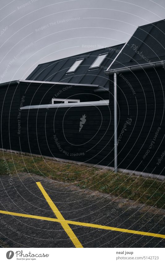 Nested architecture - black buildings with yellow marked parking area Architecture detail Building House (Residential Structure) Wooden house Black Yellow