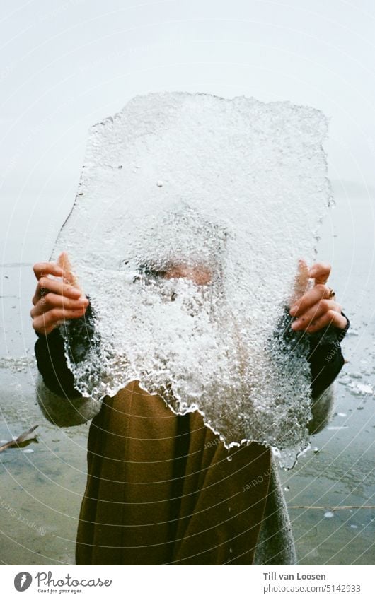 icy hands Ice Winter Scarf Exterior shot chill Frozen Rings Analogue photo Nature Portrait format Copy Space top Copy Space bottom Cold Colour photo Gray White