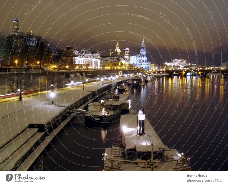 the bridge Dresden Night Light Statue Building House (Residential Structure) Places Elbufer Historic Snow Religion and faith Elbe Skyline Coast Romance Winter