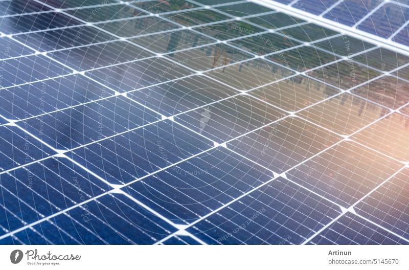 Selective focus on solar panels or photovoltaic module. Solar power for green energy. Sustainable resources. Solar cell panels use sun light as a source to generate electricity. Photovoltaics or PV.