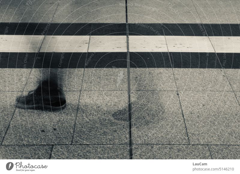 cross-border commuters step Steps Going off ways Feet Tracks Footprint Border mark Marker line Feet on the ground lines Markings courageous Black & white photo