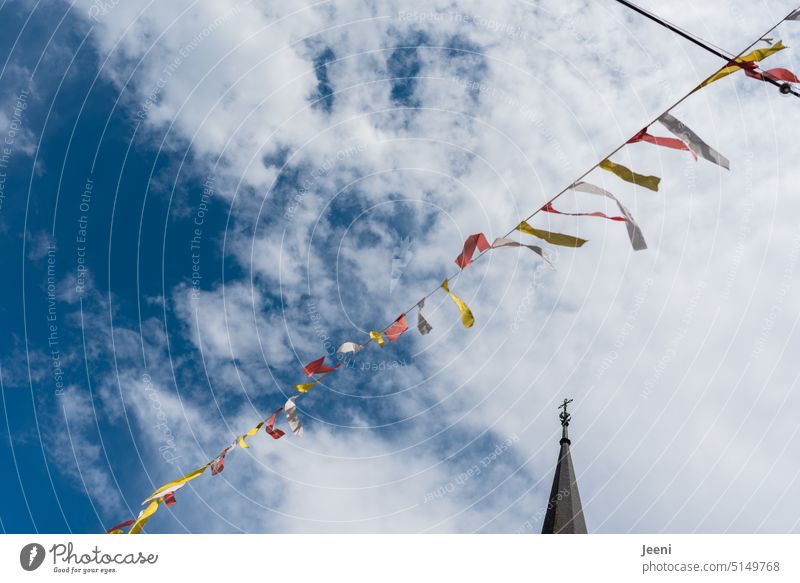 motley | pennant chain under blue sky Sky Clouds Blue variegated Hang Decoration Feasts & Celebrations Adorned Church spire Paper chain Street party Event Town