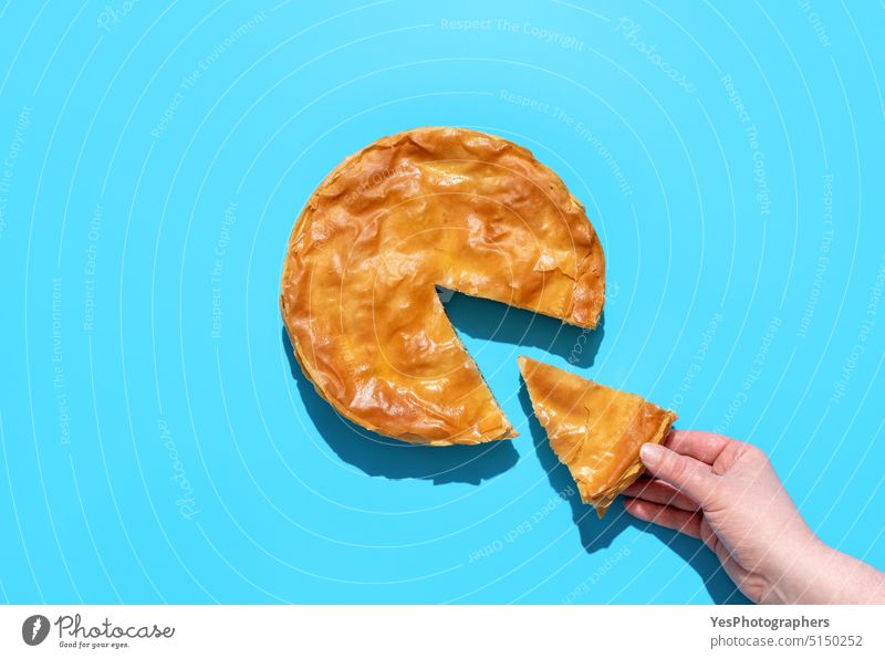 Savory pie with spinach and feta cheese, above view. Balkan phyllo cake background baked balkan banitsa blue bosnian bright bulgarian color cuisine culture