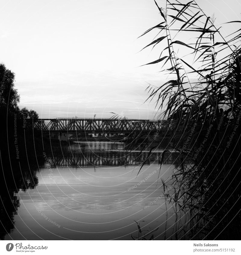 black and white landscape of river and railroad bridge over it architecture bridge reflection coast connect construction cross lake light nature over river park