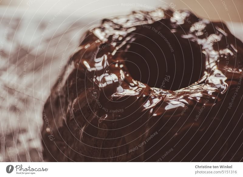 Gugelhupf with shiny chocolate icing Cake Coffee cake Delicious cute Chocolate icing Chocolate coating Baked goods Food Close-up Shallow depth of field Baking