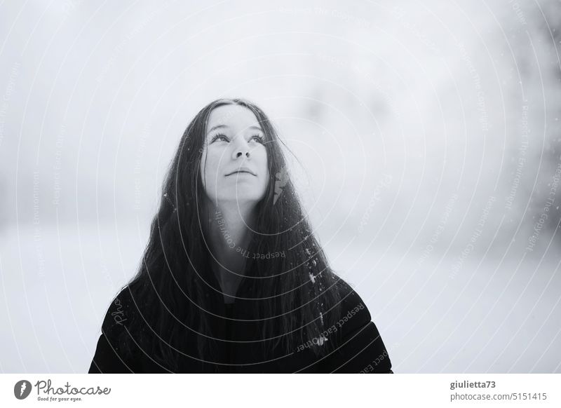 color reduced | melancholic black and white portrait of a teenage girl in winter Black & white photo Winter Human being 1 Exterior shot Youth (Young adults)