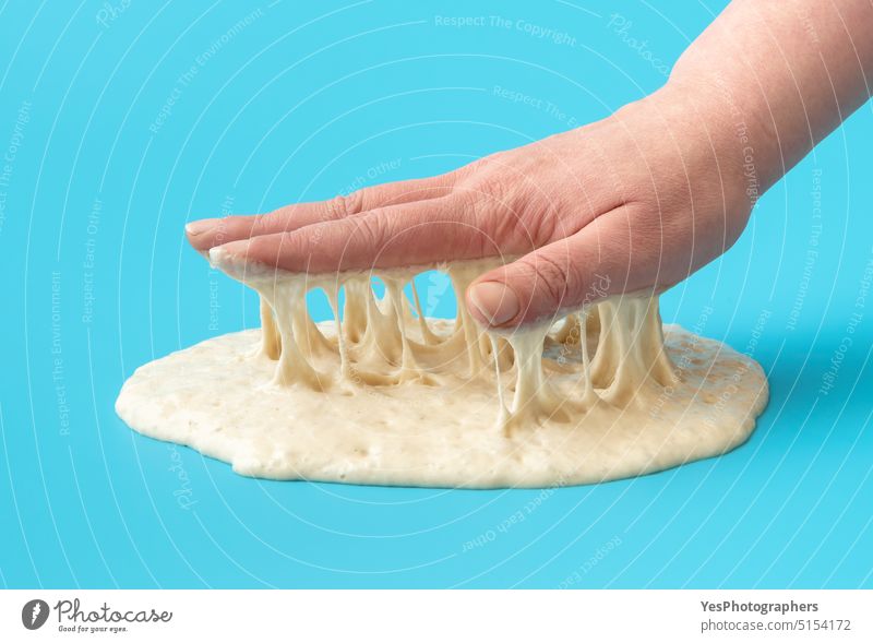 Sourdough yeast on a blue background. Woman testing the yeast. active bakery baking bread bright bubbles close-up color concept cooking cuisine diet ferment