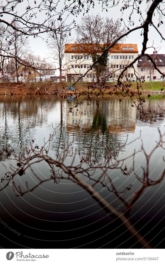 House by the canal Branch Tree Twilight Sky Deserted neighbourhood Nature Plant tranquillity Holiday season shrub Copy Space Depth of field Twig