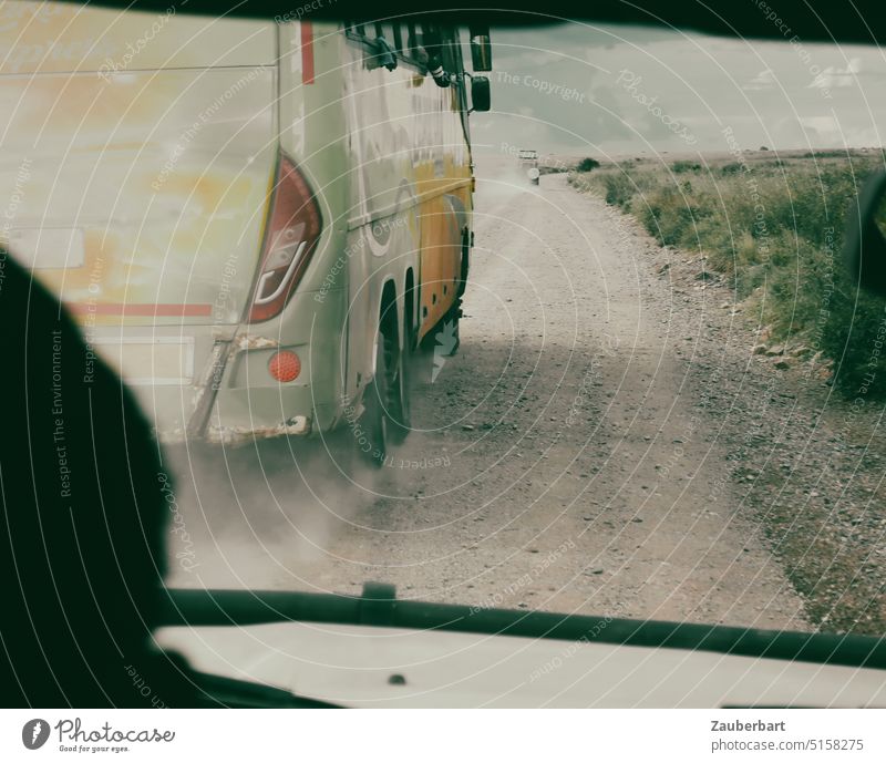 Bus must be overtaken, slope in Serengeti, dust Overtake Ski piste Dusty Transport courageous risky Dangerous daring fast and furious Road traffic Tansania