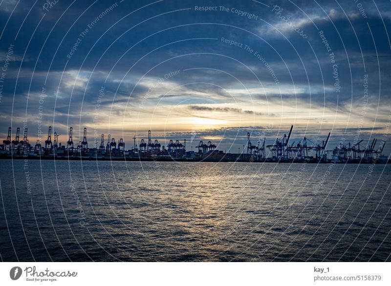 Hamburg harbor at dusk Harbour Elbe River Evening Dusk Sunset blue hour Clouds in the sky coast cranes Container terminal container port Port of Hamburg Water