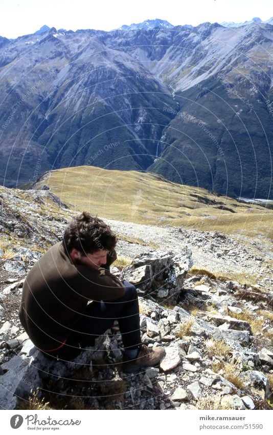 On top Mountaineering Fatigue Hiking Break Rest Think Perspire Completed New Zealand Above Exhaustion ponder Relaxation Alps mount avalanche avalanche peak