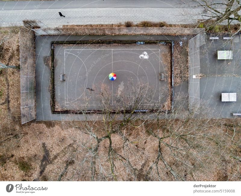 Aerial view of small soccer field with rainbow colored umbrella II Sports Aerial photograph Deserted Copy Space middle Structures and shapes Copy Space top