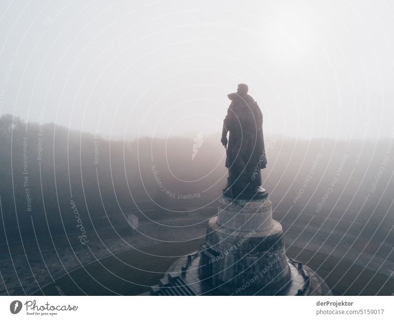 Soviet memorial in the haze in the morning III Wide angle Long shot Central perspective Deep depth of field Back-light Sunrise Sunbeam Sunlight