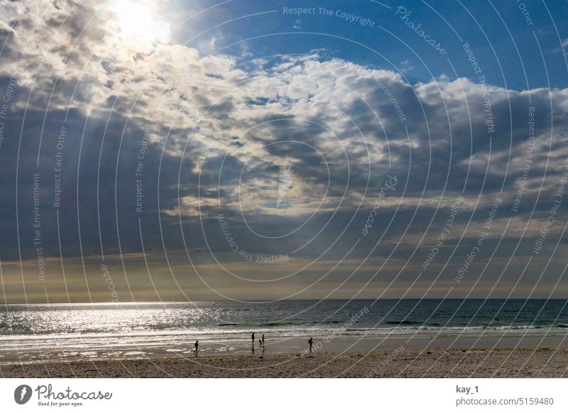 Beach with people in the distance Ocean seascape North Sea coast Sunlight Clouds Reflection Water Group Sand Light Horizon Landscape Sky Evening Summer vacation