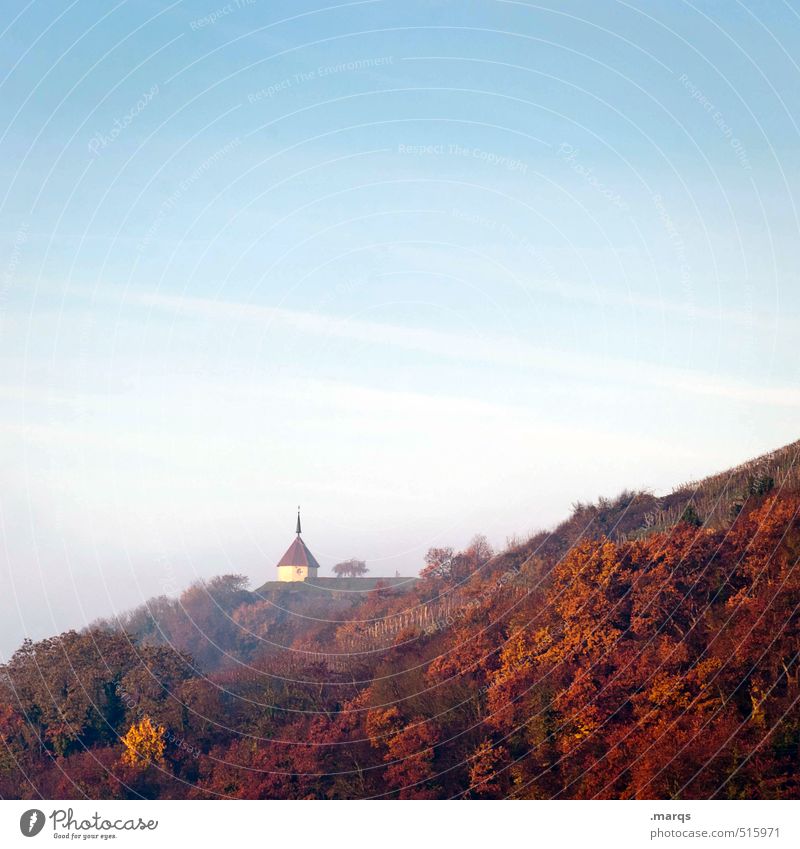 chapel Nature Landscape Plant Sky Autumn Climate Beautiful weather Fog Forest Hill Building Chapel Simple Fresh Blue Orange Red Moody Religion and faith