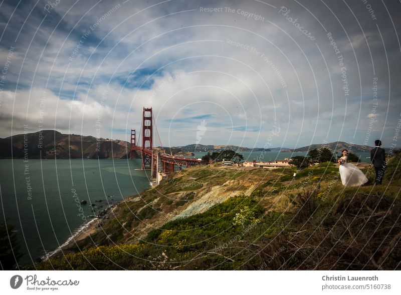 San Francisco, Golden Gate Bridge in California. Summertime without fog. Pair. USA Blue Vacation & Travel Worm's-eye view Day Light Shadow Deep depth of field