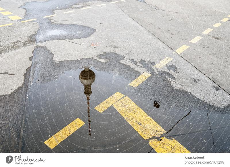 street crossing in berlin Puddle Reflection Wet Street Rain Asphalt Traffic infrastructure reflection Gray