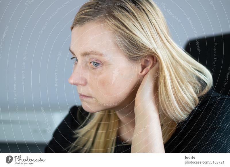 Bored frustrated woman in the office adult attractive background beautiful beauty boring brain fog burnout syndrome business busy care casual caucasian concept